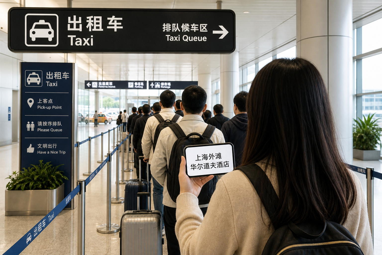 Airport official taxi queue with phone showing Chinese hotel name ready for the driver.